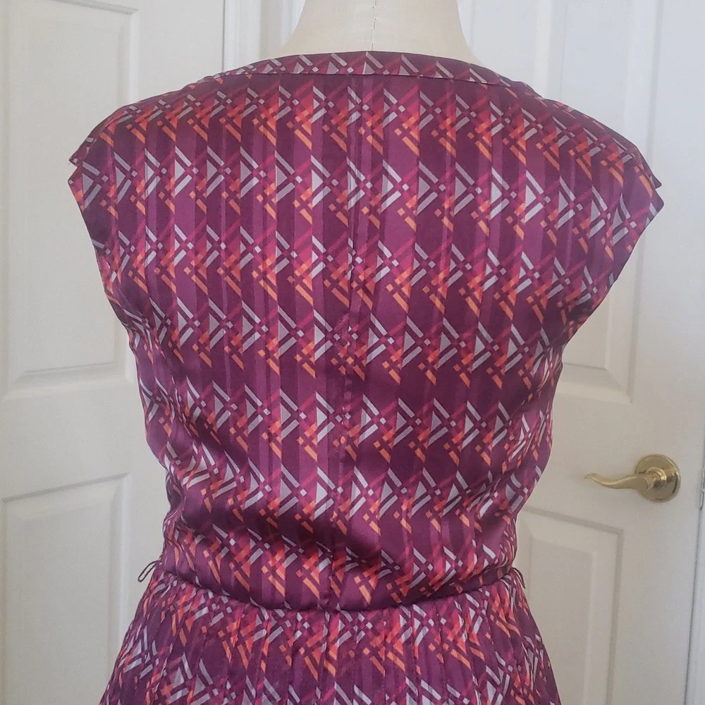 HALOGEN Geometric Pleated Fit & Flare Dress Burgundy Plum 4P Office Wedding